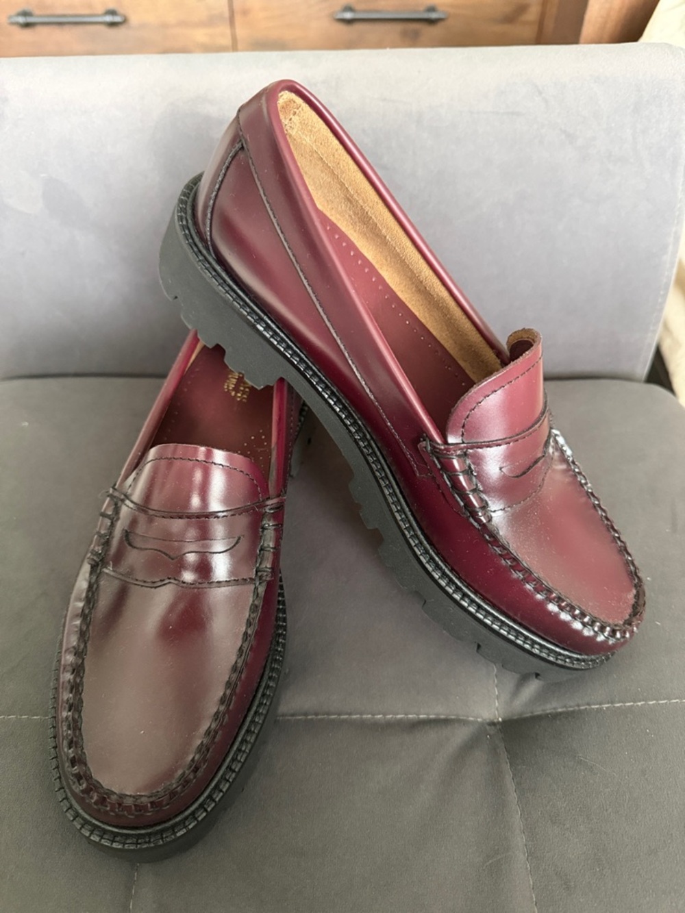 Bass Women's Burgundy Penny Loafers with Black Lug Sole